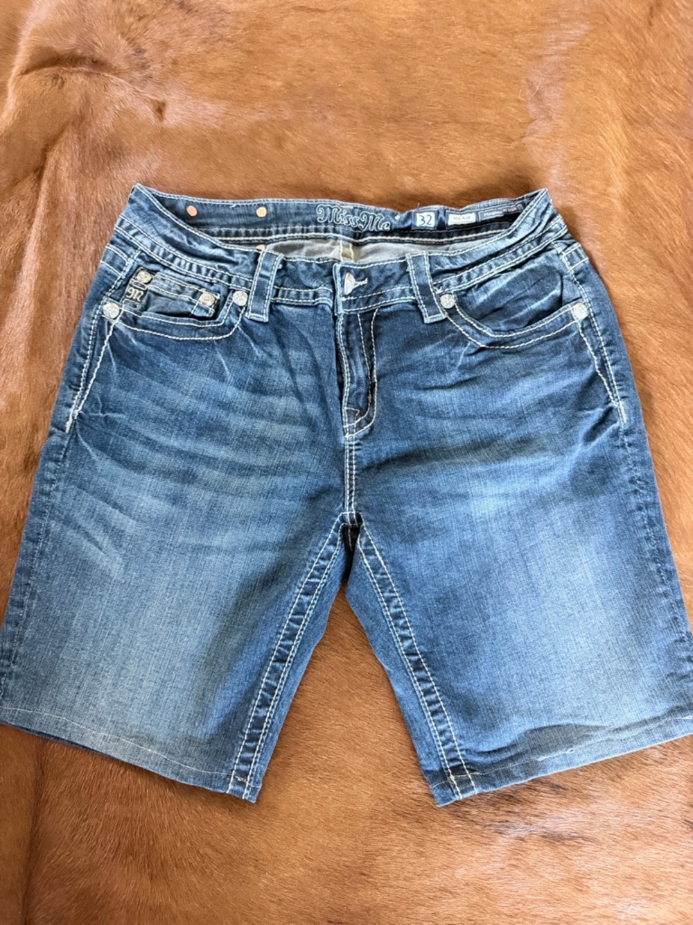 Miss Me Distressed Mid-Wash Blue Denim Shorts